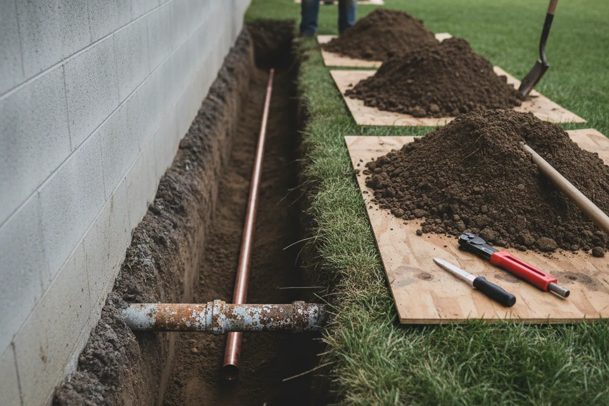 Excavated water line trench during Sewer Line Repair in Ottsville